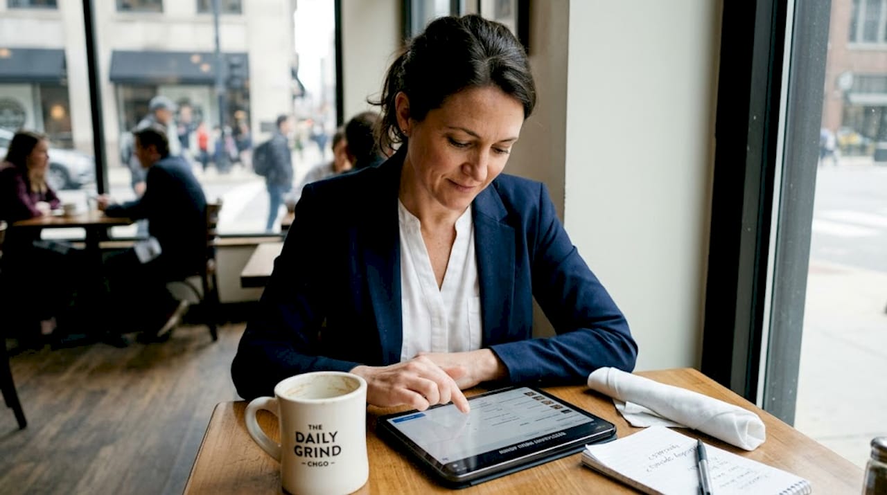 Manager updating digital menu at restaurant table