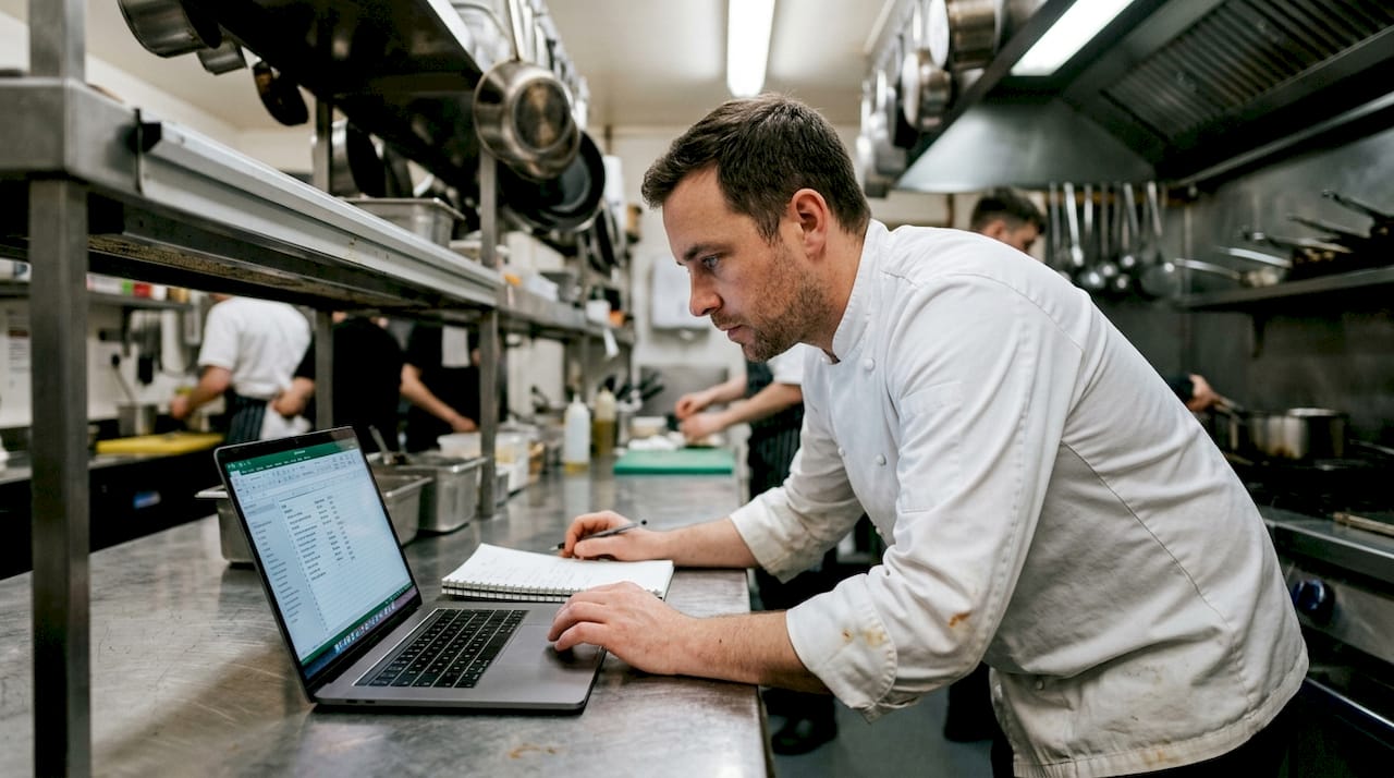 Chef adjusting menu on laptop in kitchen