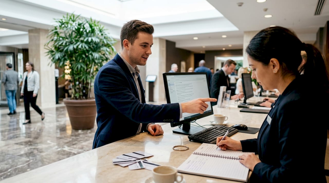Front desk staff reviewing guest reservations