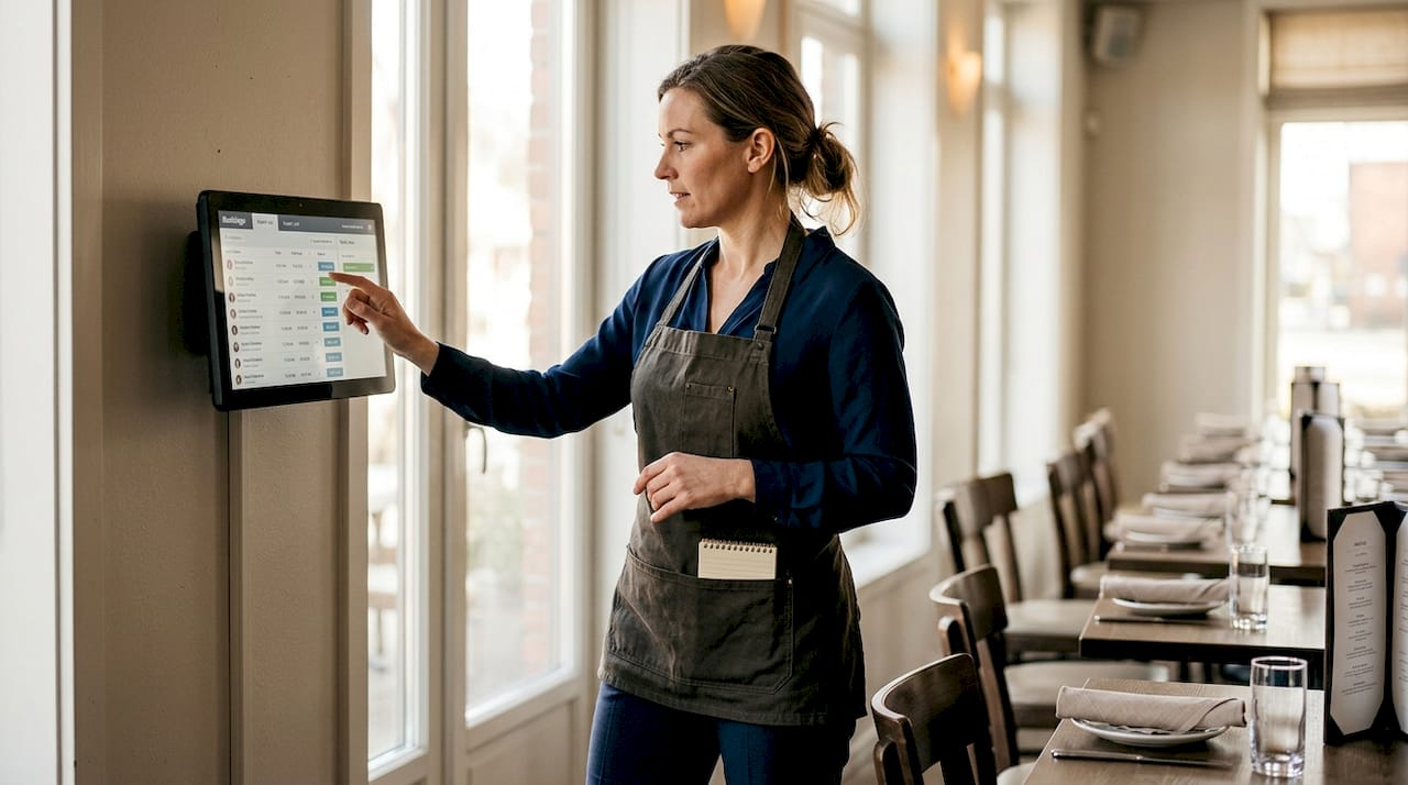 Manager checking digital reservation system in restaurant