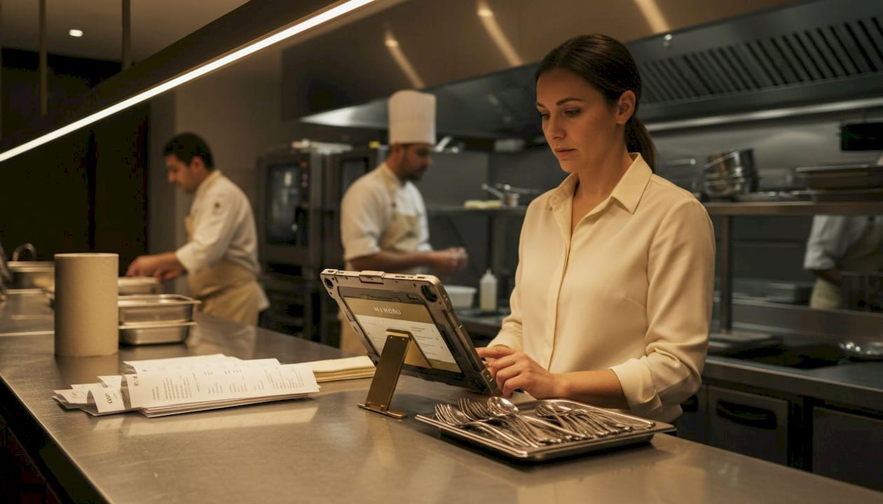 Restaurant manager managing orders digitally