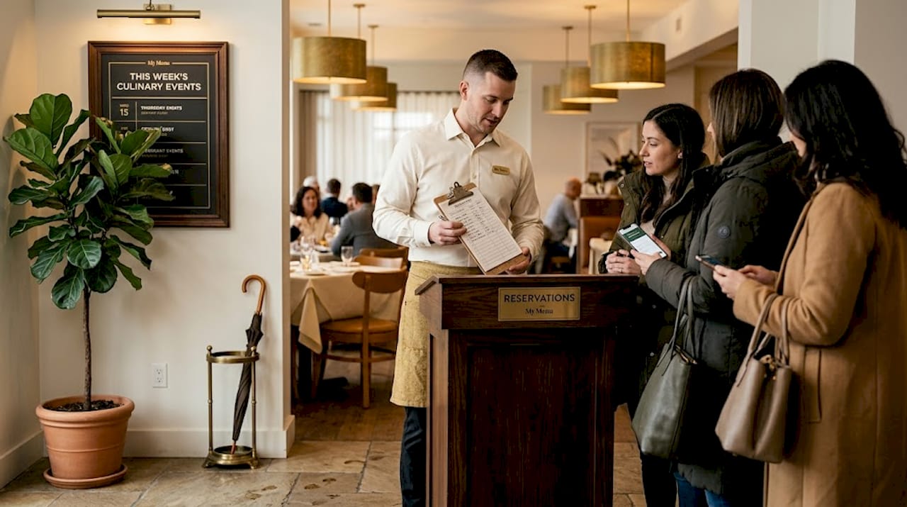 Host greeting guests at reservation podium