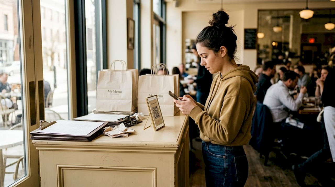 Woman scanning loyalty QR code at restaurant entrance