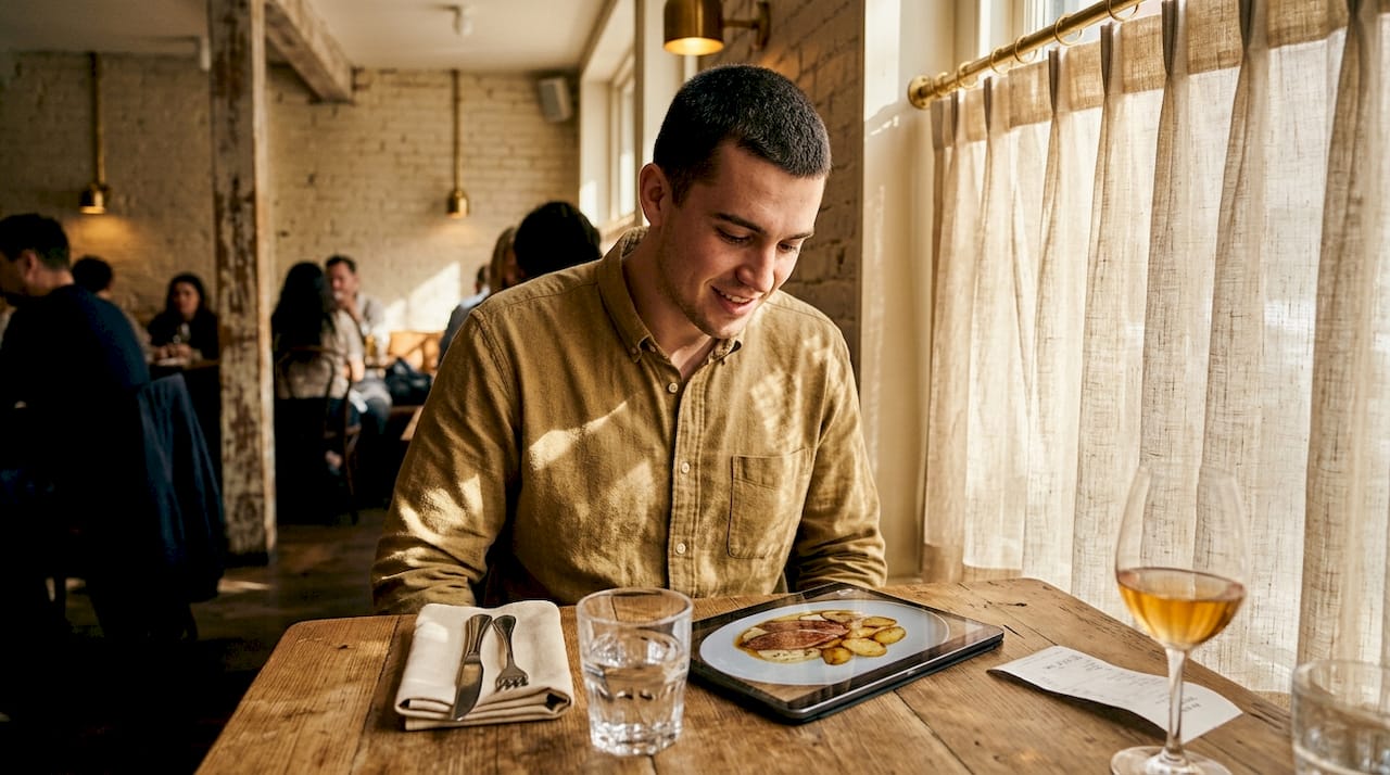Guest interacting with digital menu video in restaurant