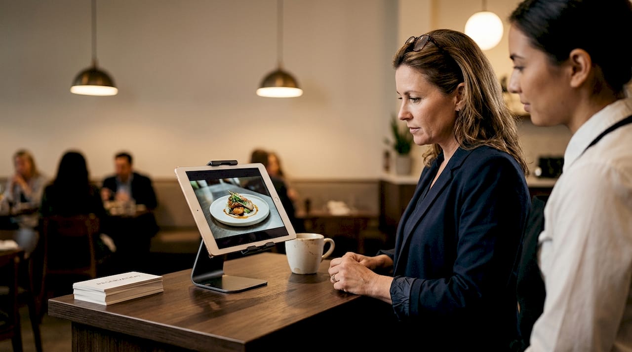 Manager and server reviewing menu videos at podium
