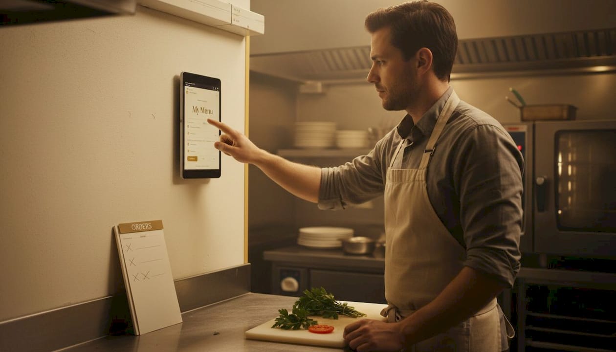 Line cook checking tablet for digital orders