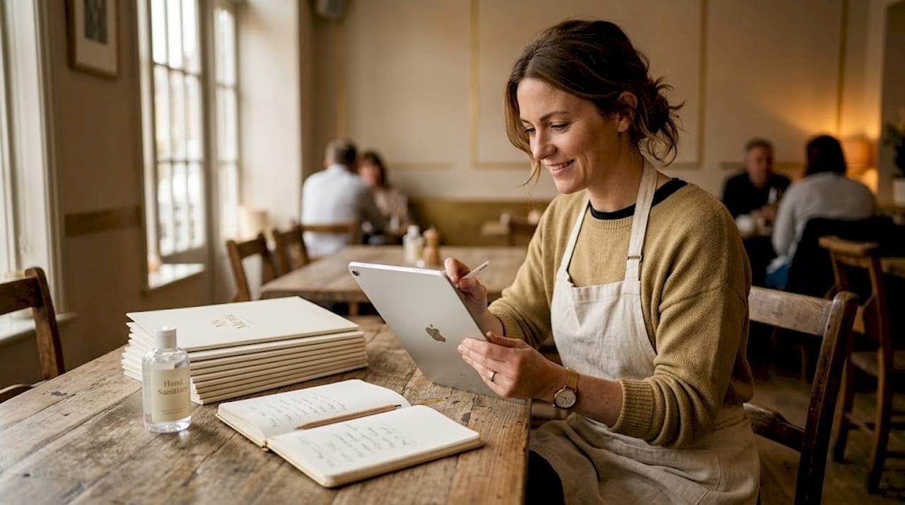 Manager uploads menu photos at restaurant table
