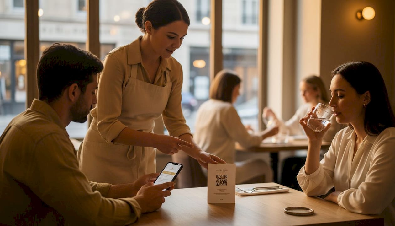 Server assists guest with QR code ordering