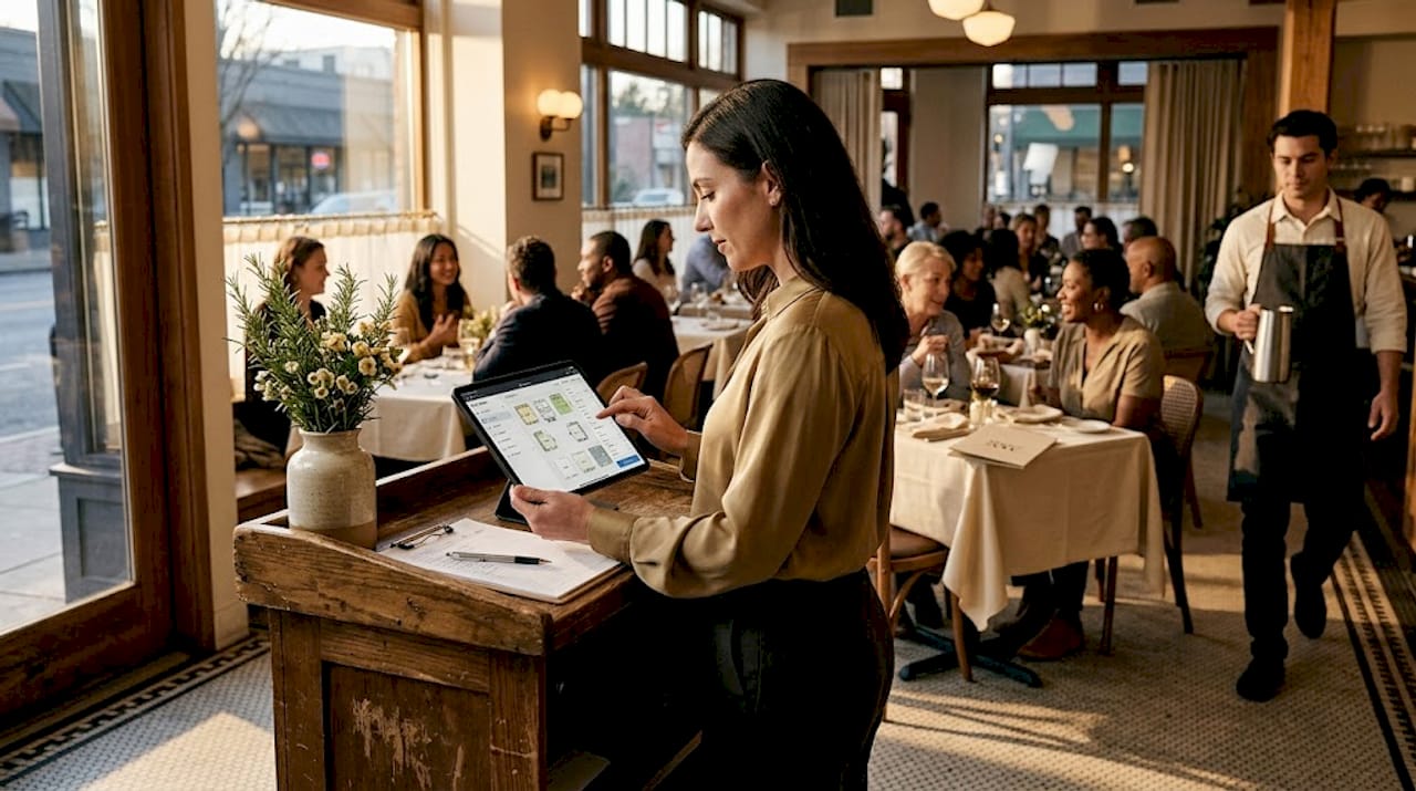 Restaurant manager reviews table plan at busy entrance