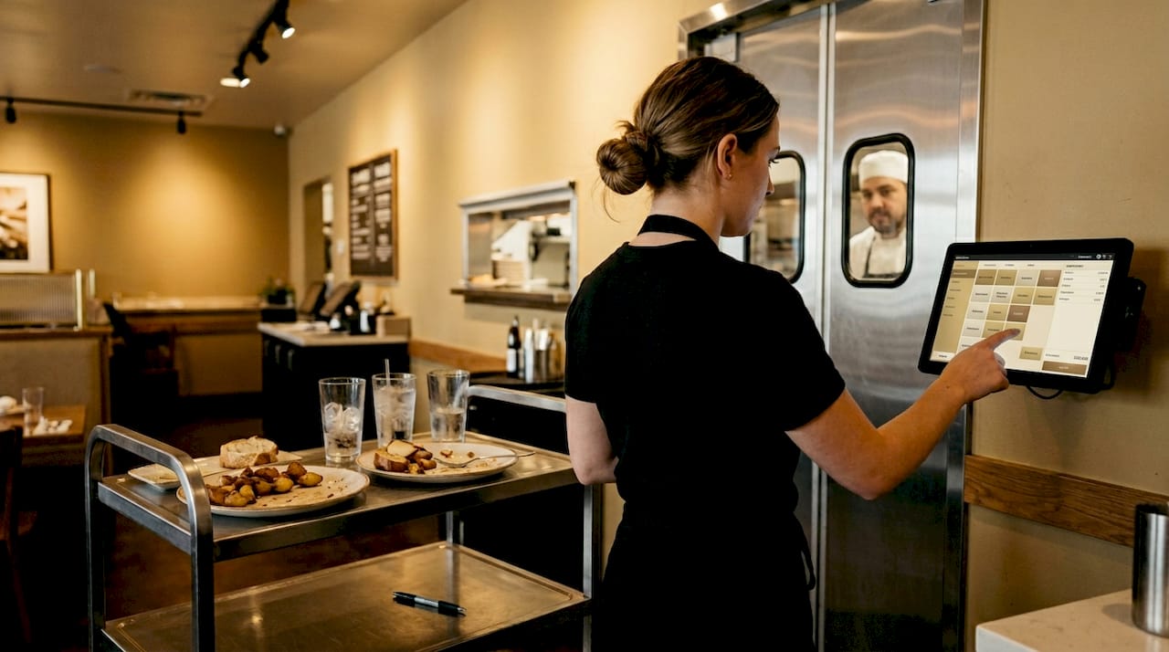 Server entering order on digital kitchen screen