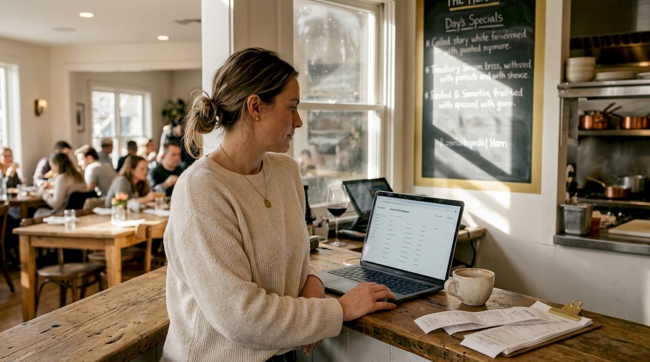 Manager using CRM at busy restaurant counter