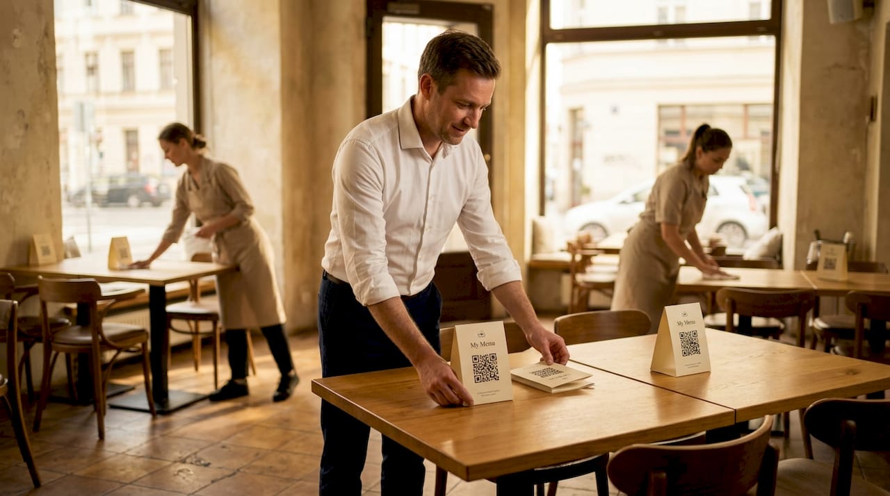 Manager setting up QR codes in restaurant