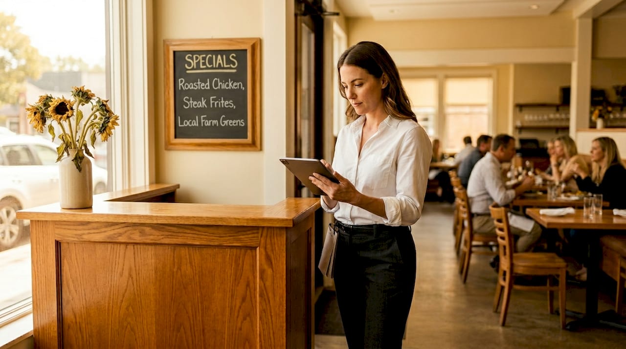 Restaurant manager updating menu on tablet