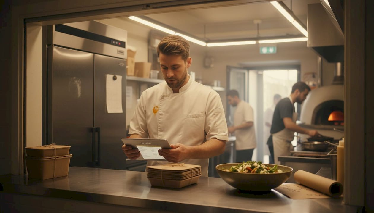 Chef checks tablet with delivery orders