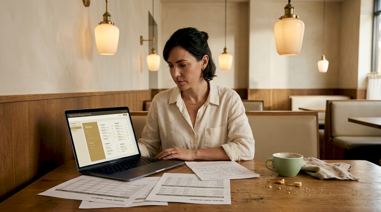 Supervisor updates digital menu in booth