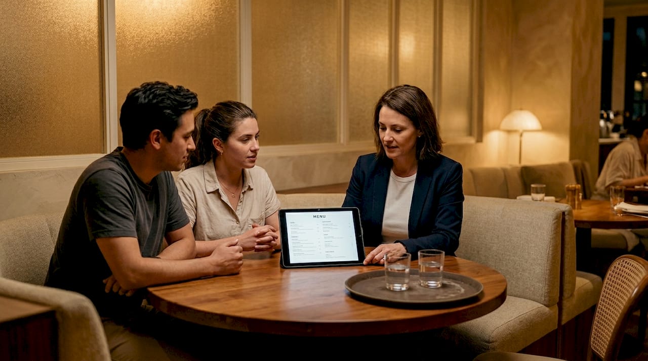 Team reviews digital menu in restaurant