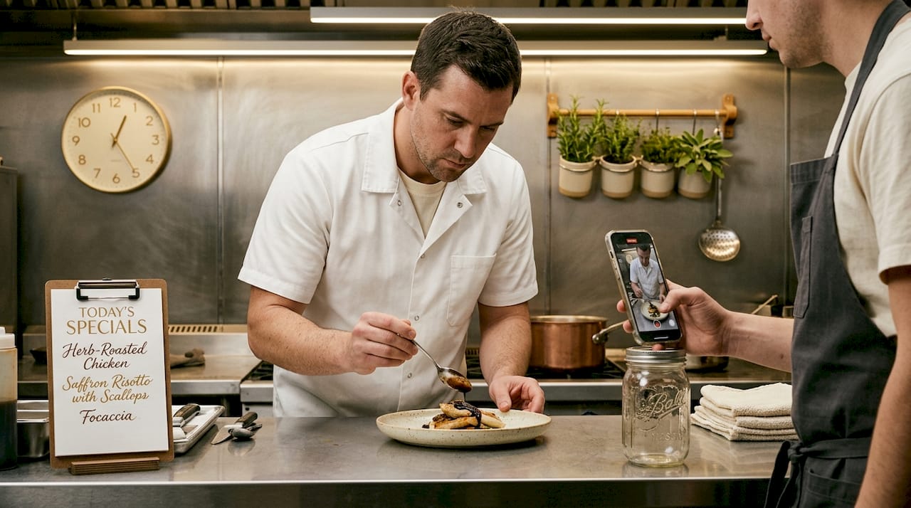 Chef being filmed plating a dish in kitchen