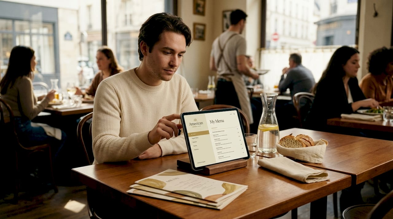 Restaurant guest using digital menu at table