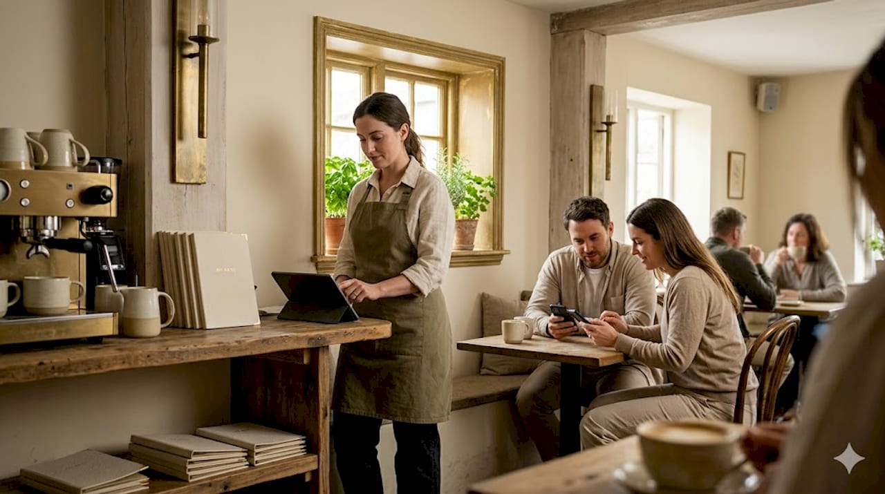 Server and diners using digital menus in restaurant