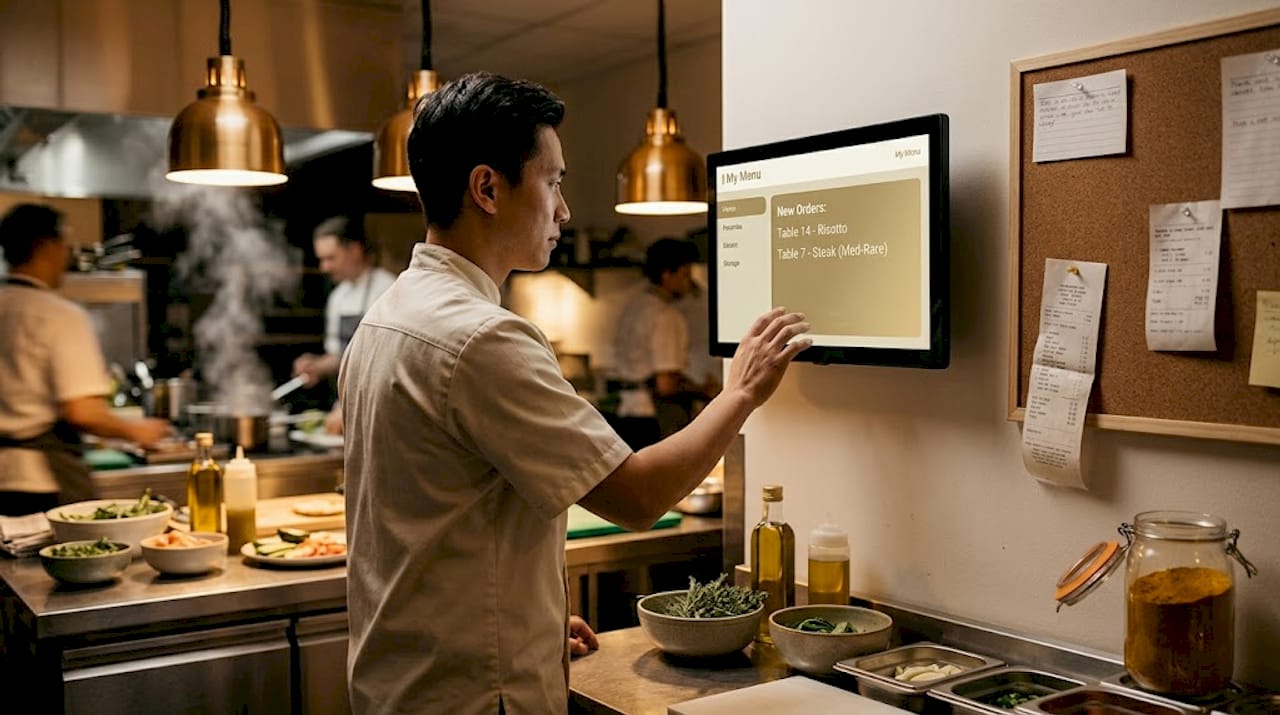 Chef checking digital order screen in kitchen