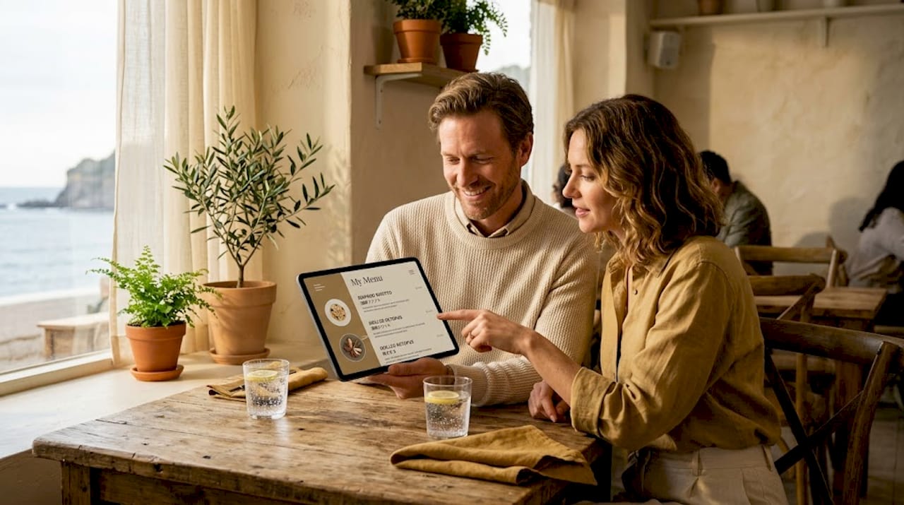 Guests using multilingual digital menu at restaurant