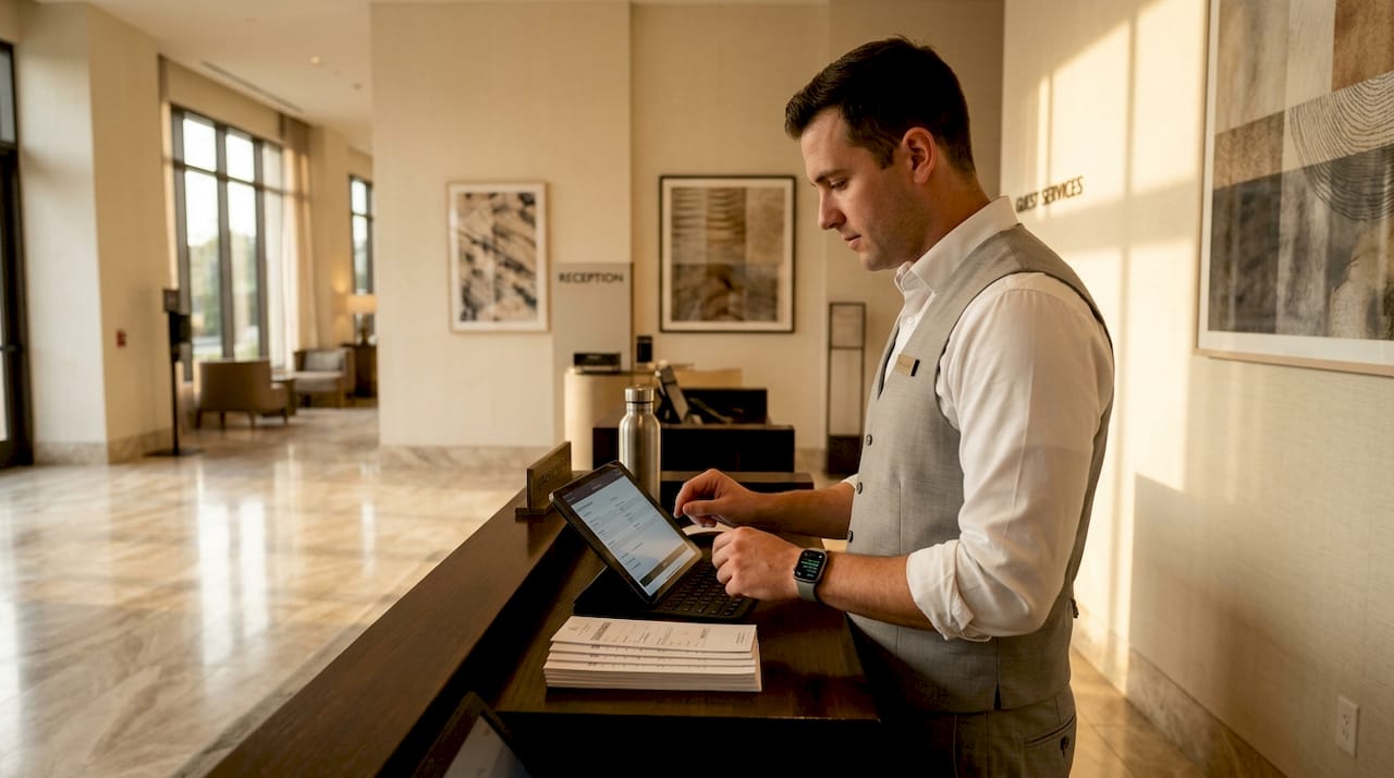 Reservation manager updating guest bookings at desk