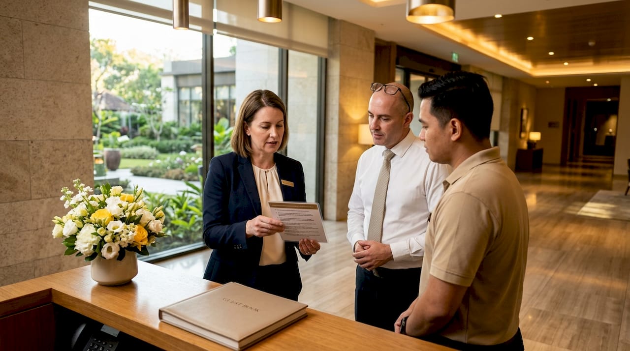 Front desk team discusses overbooking procedures