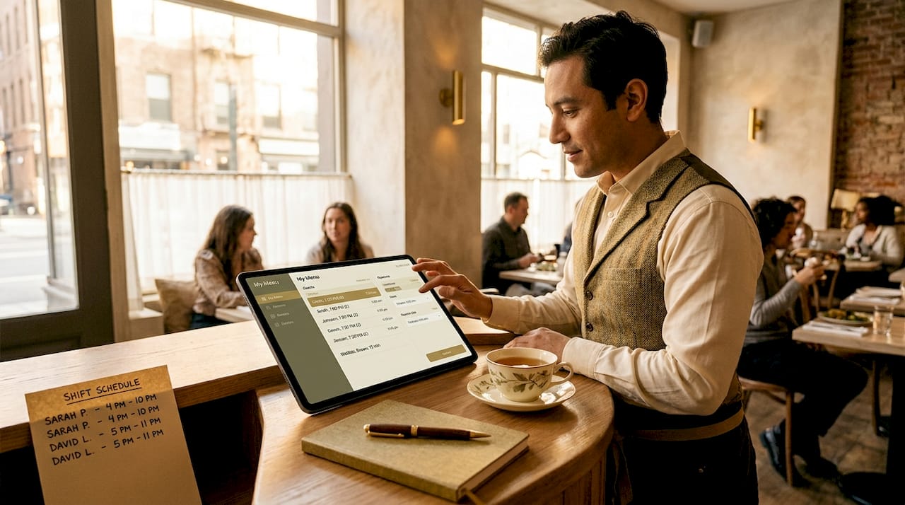 Restaurant host uses tablet for table reservations