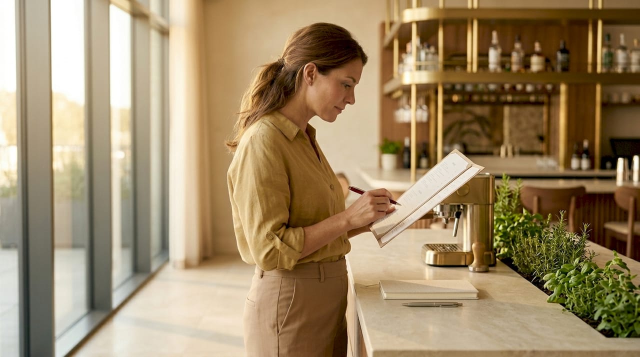 Manager reviewing restaurant menu at counter