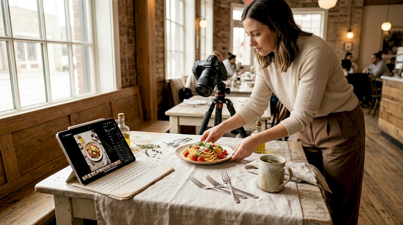 Photographer capturing plated restaurant dish setup