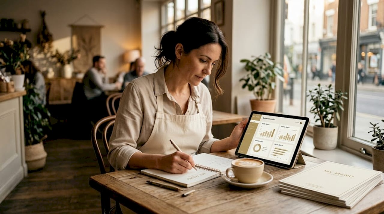 Restaurant owner planning marketing at table