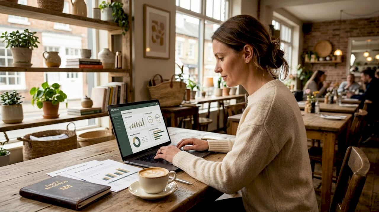 Restaurant manager reviews menu data at laptop