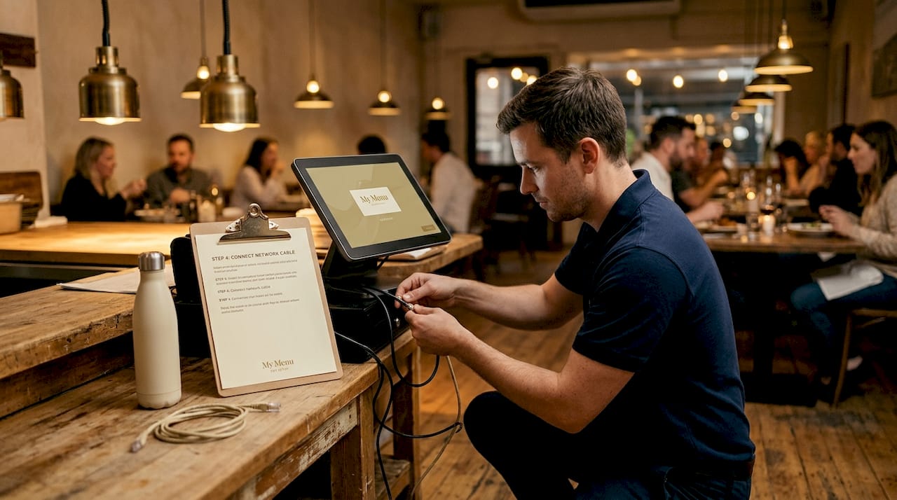 Technician installs POS terminal in busy restaurant