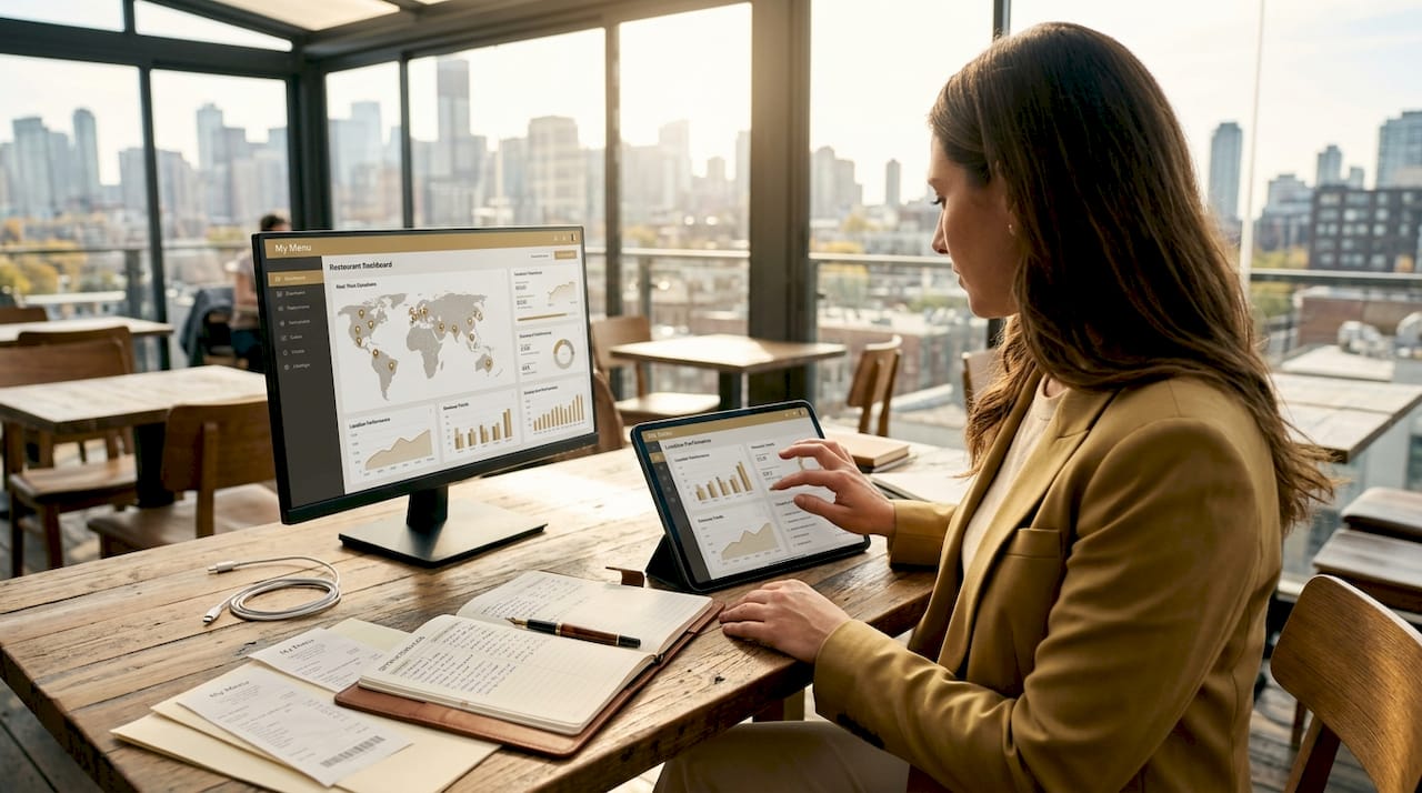 Manager reviews global tech dashboard in café office