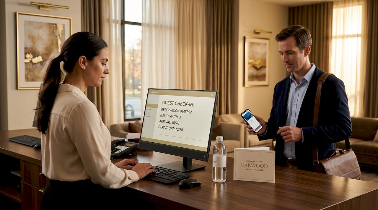 Hotel staff and guest using digital check-in