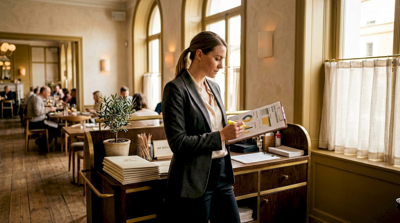 Manager reviewing guest data in busy bistro