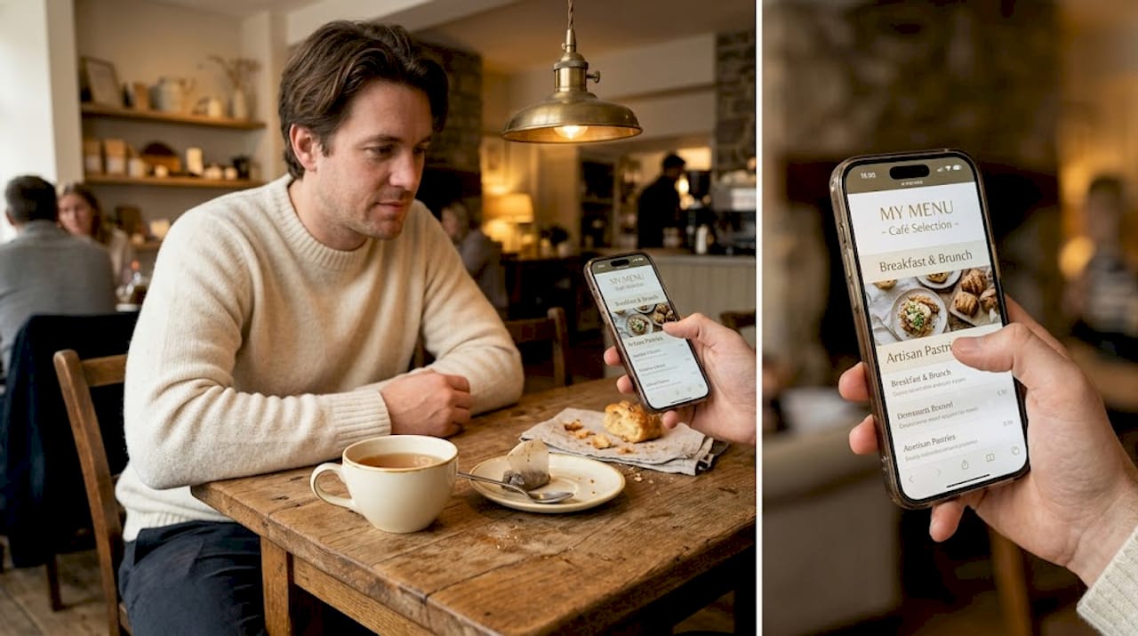 Guest accesses mobile menu at restaurant table