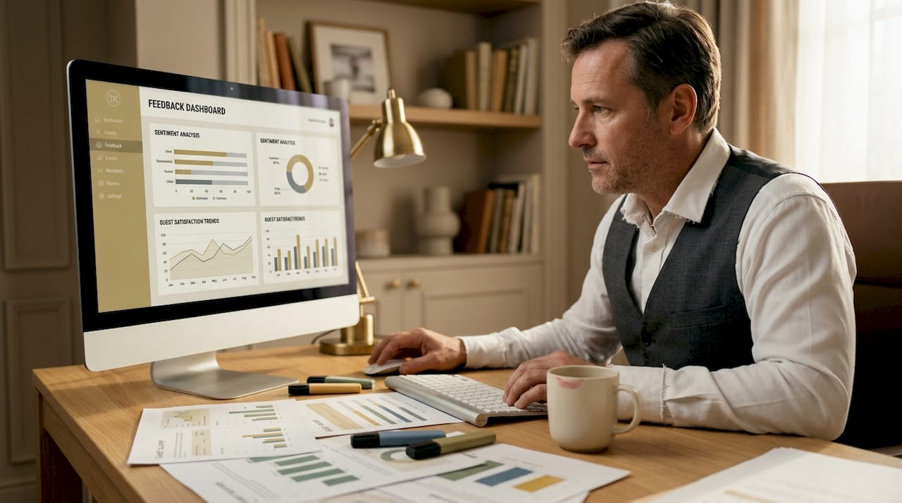 Hotel manager reviewing digital feedback dashboard