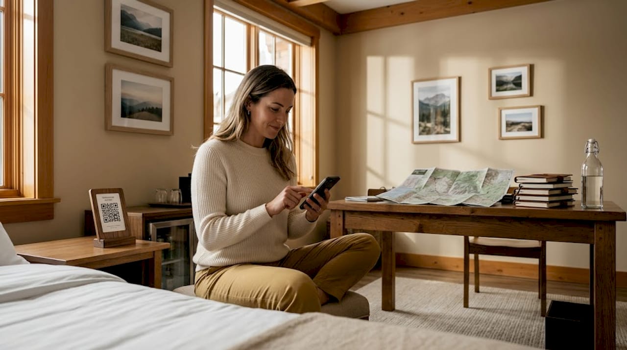 Hotel guest using phone for digital feedback