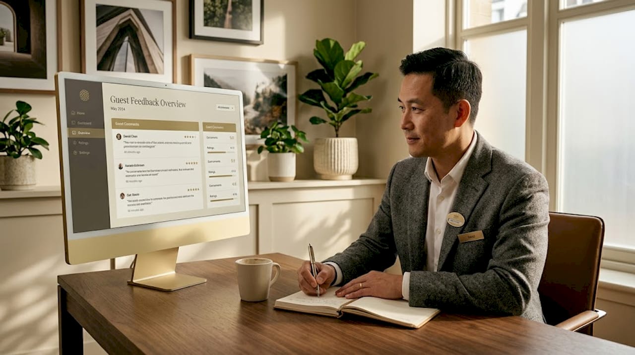 Hotel manager reviews digital guest feedback