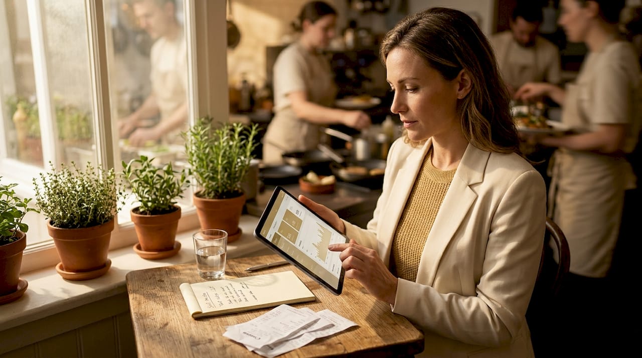 Restaurant manager checks sales data at busy table