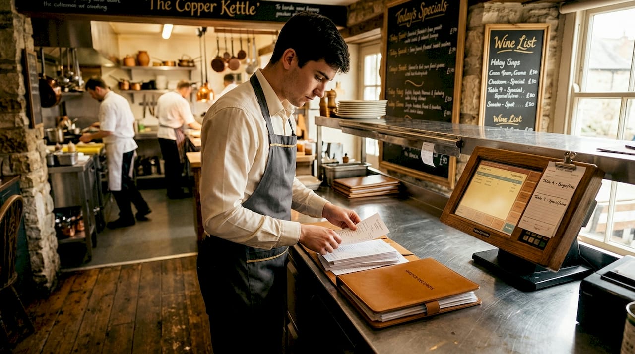 Waiter sorting receipts by POS terminal in kitchen