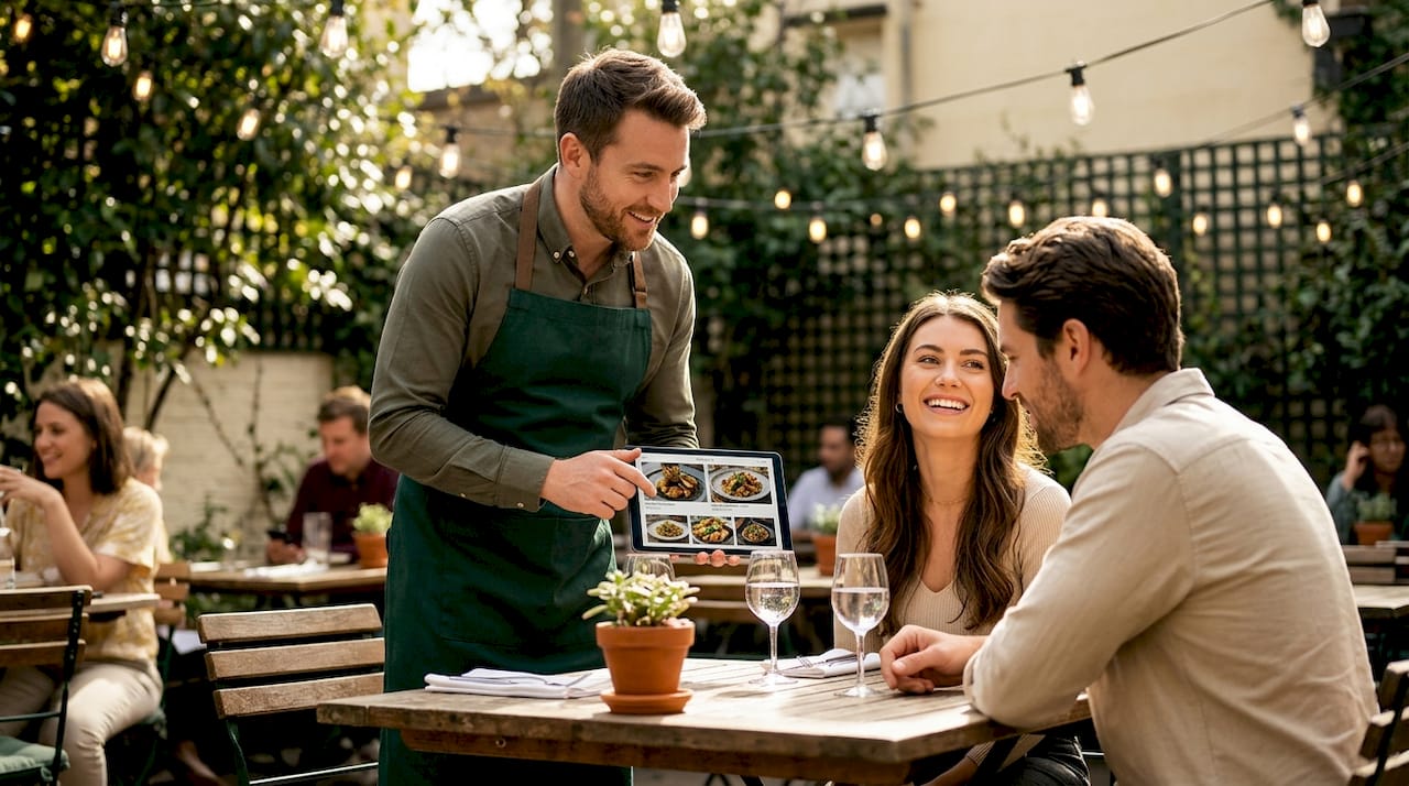 Server recommending dishes to restaurant guests