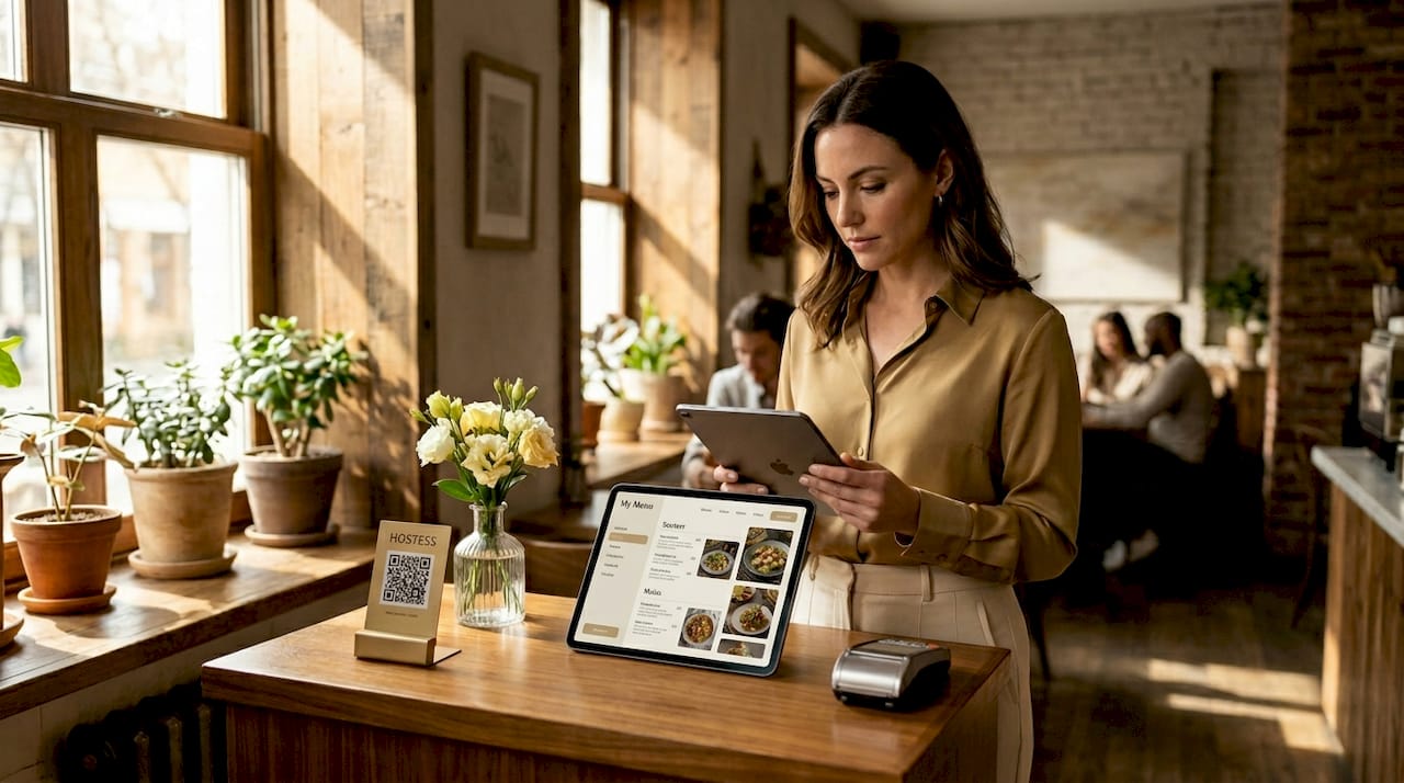 Restaurant manager scanning digital menu QR code