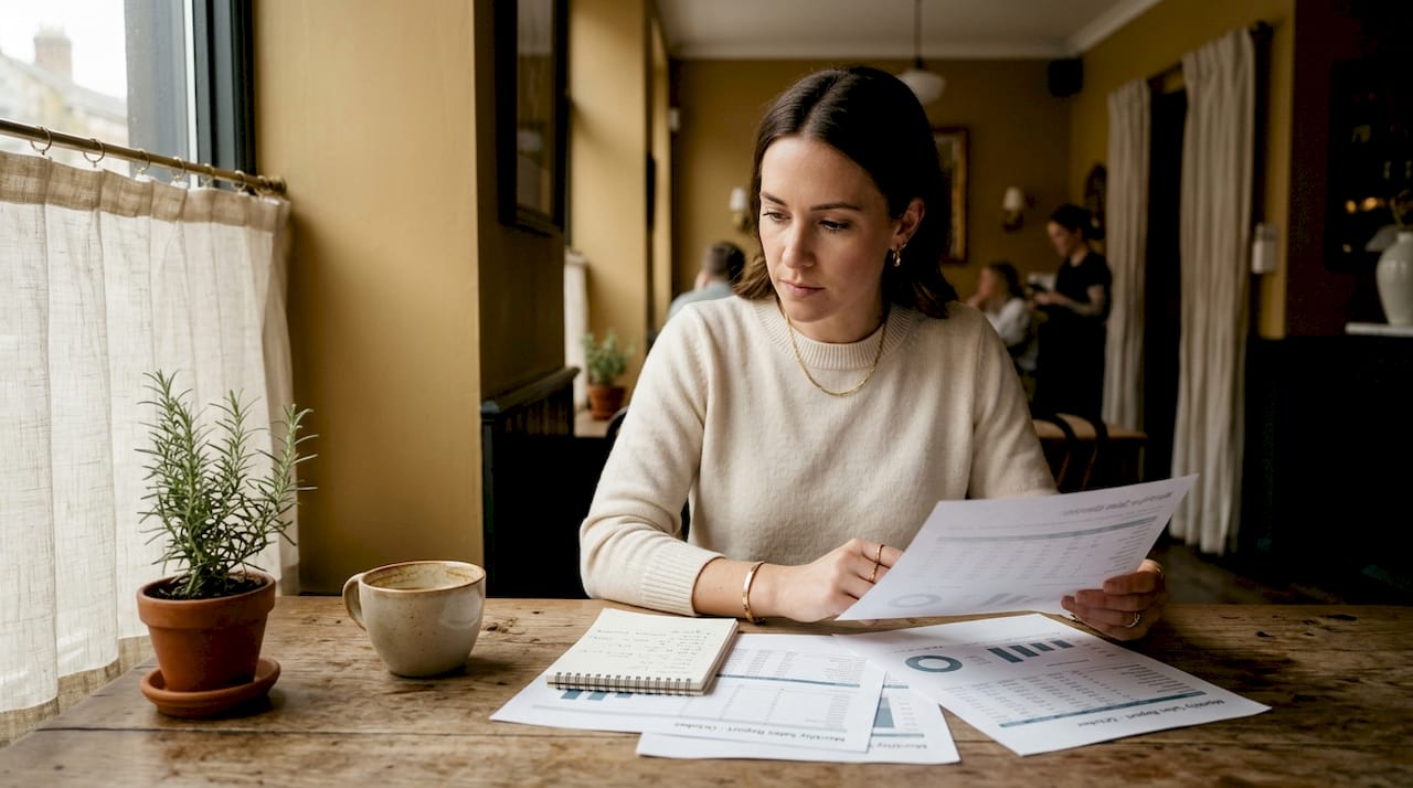 Restaurant manager reviewing sales documents