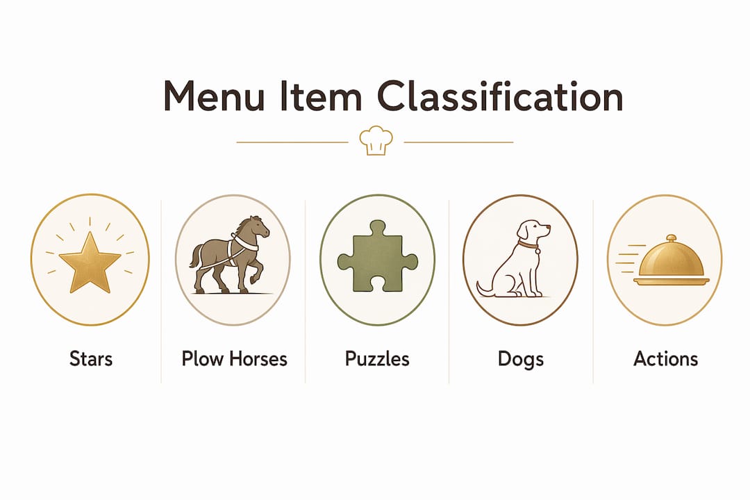 Infographic illustrating menu item categories and recommended actions