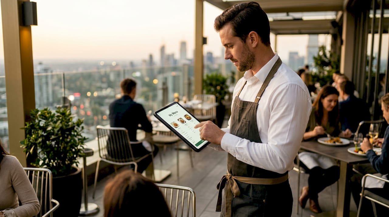 Server entering order with tablet in restaurant