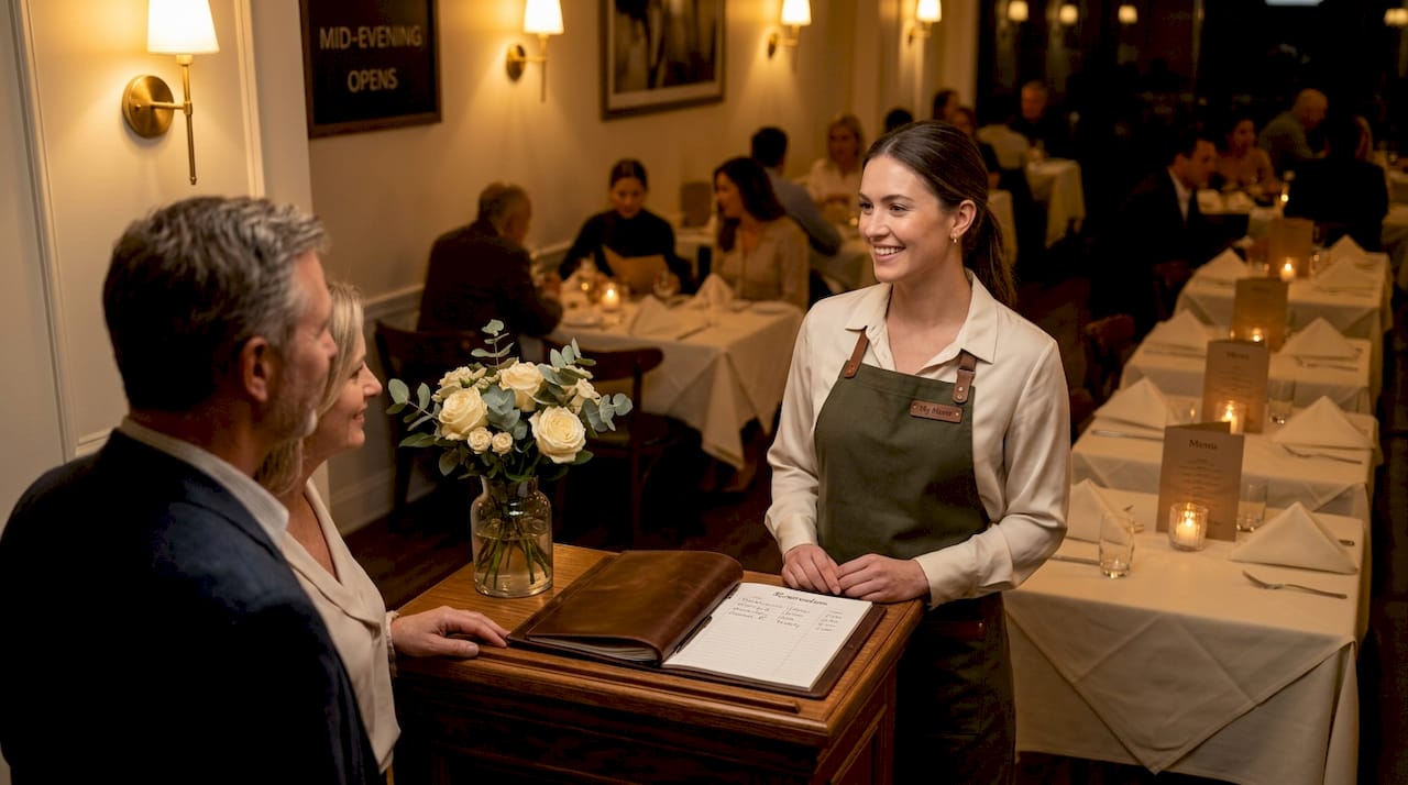 Host welcoming guests in restaurant entry