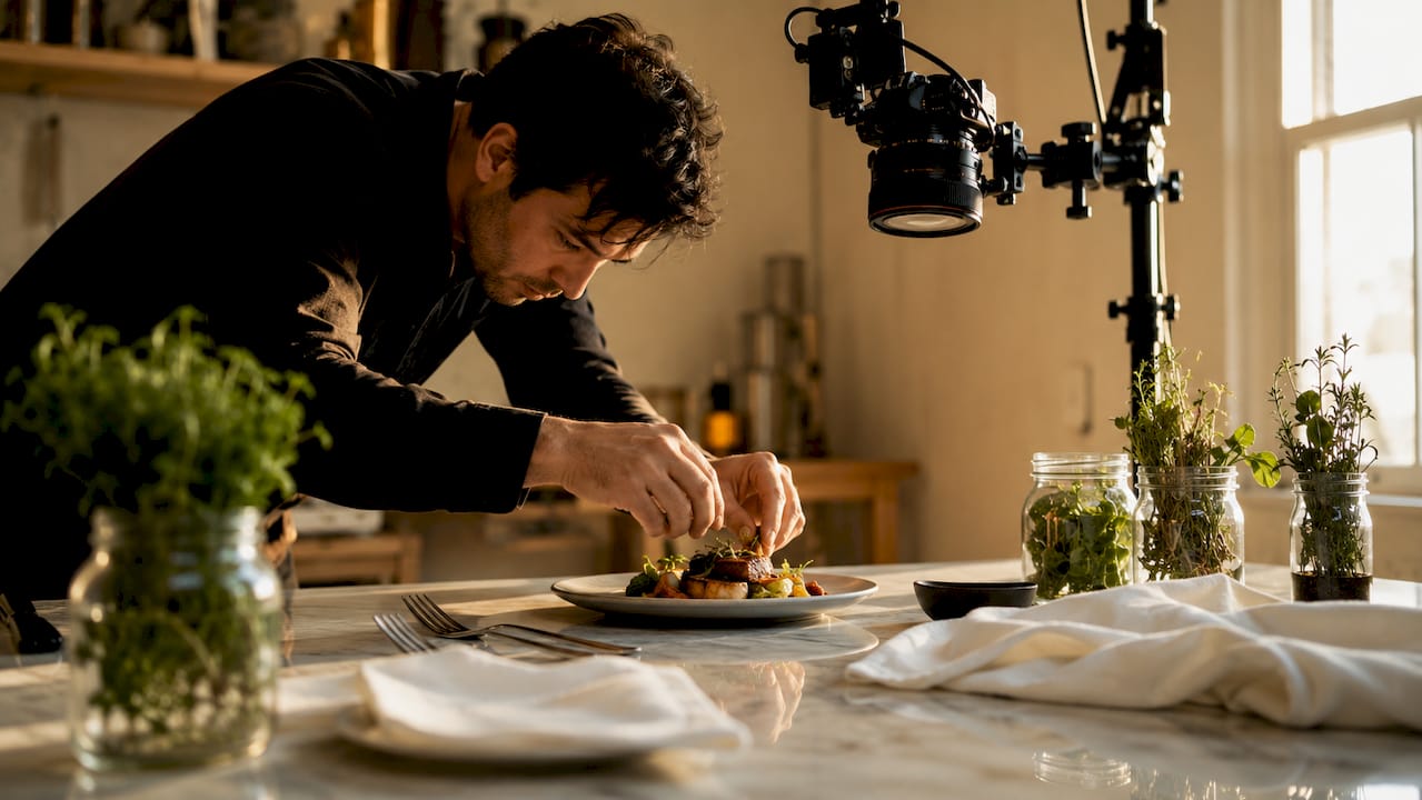 Food photographer arranging plated dish