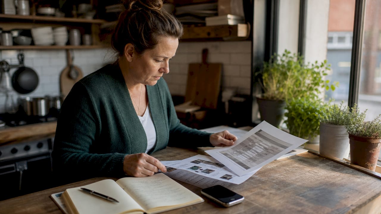 Manager reviewing printed nutritional information sheets